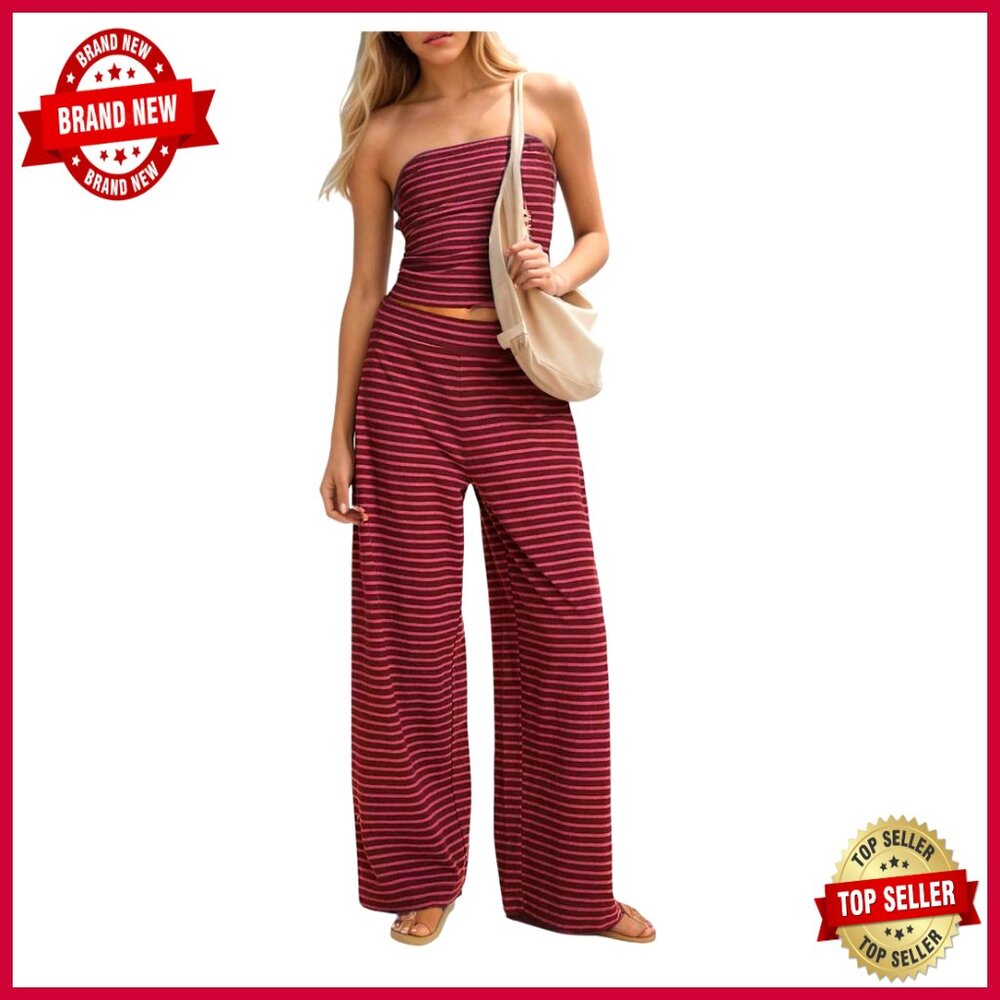 Striped Strapless Top and Pants Set, Regular Fit, 100% Polyester, Casual Wear